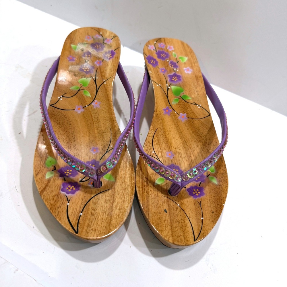 Vintage Floral Hand Painted Wood Platform Wedge Thong Sandals Purple Sequin 7